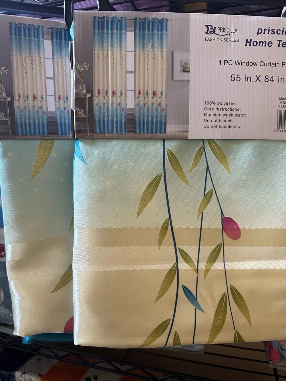 Blue and Cream Floral Window Curtain Panel